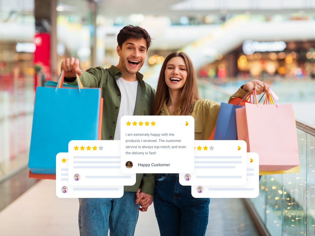happy couple shopping, customer reviews floating around
