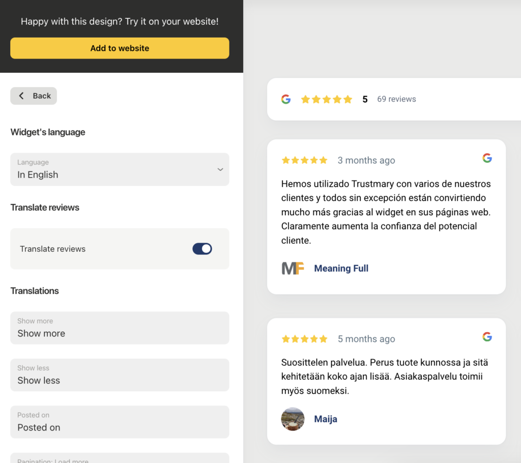 auto-translating reviews in trustmary